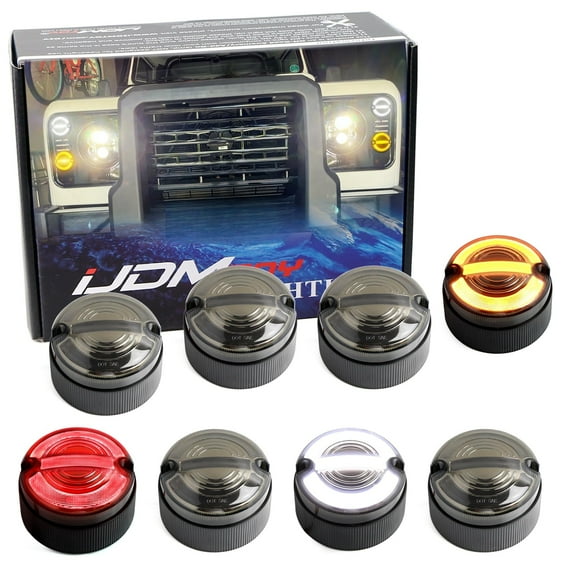 8pc Set Large 95mm Diameter Black-Out Smoked Lens Amber/White/Red Full LED Front/Rear Turn Signal, Driving/Tail Brake Light Upgrading Kit For 1983-2016 Land Rover Defender