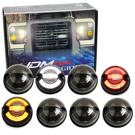 8pc Set OE-Size 73mm Diameter Black-Out Smoked Lens Amber/White/Red Full LED Front/Rear Turn Signal, Driving/Tail Brake Light Upgrading Kit For 1983-16 Land Rover Defender