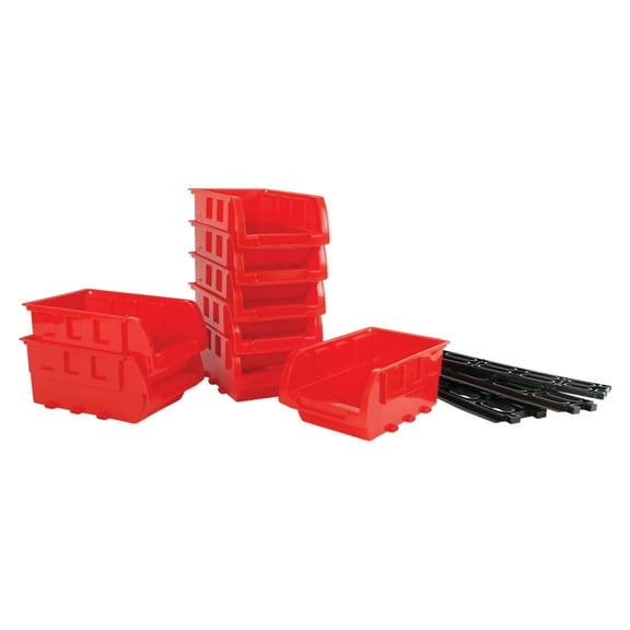 Performance Tool W5197 8 Piece Small Stackable Plastic Storage Bins with Wall Mount Rails, Interlocking Organizer Trays for Garage, Workshop, Home or Office Red
