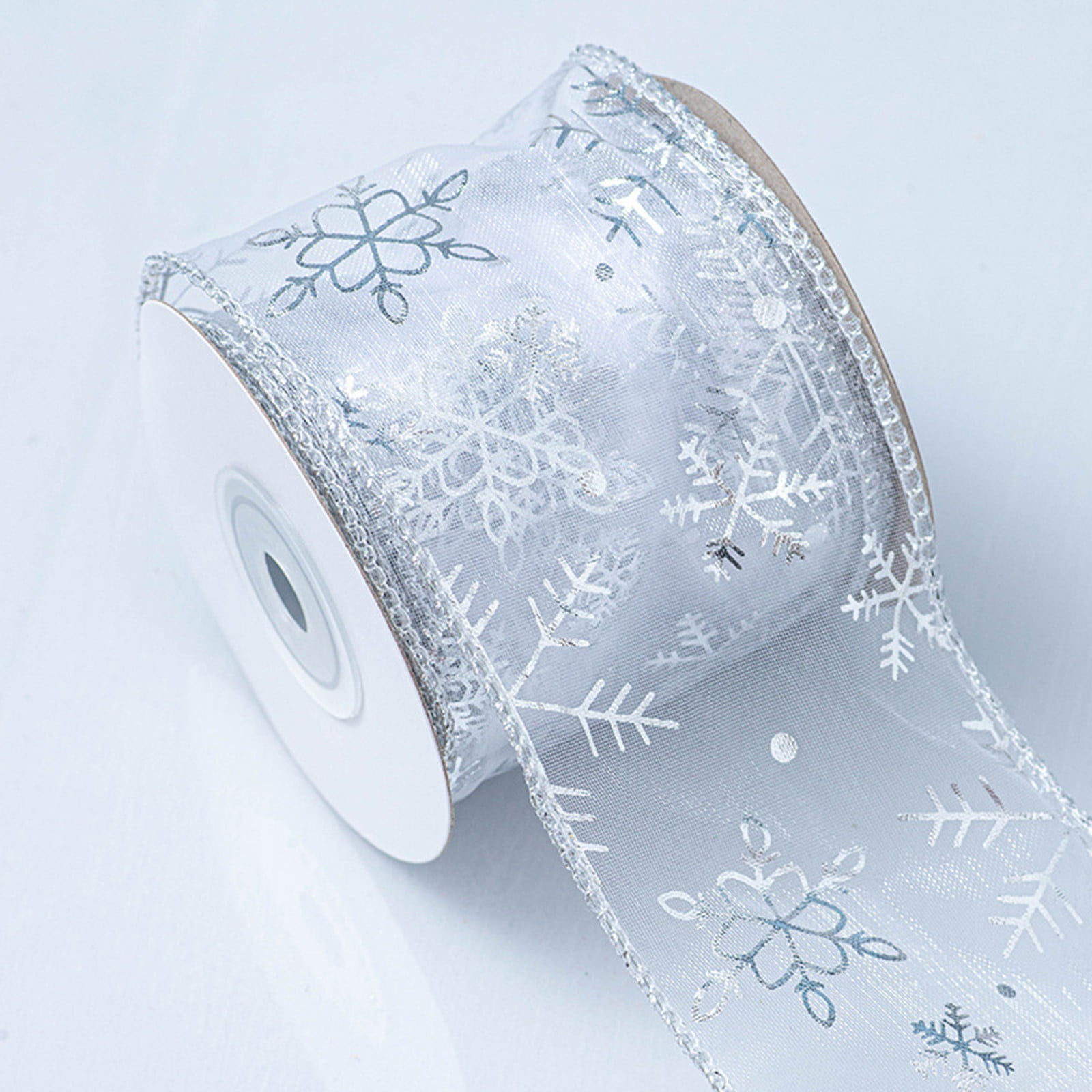 8pc Wired Edge Ribbon Verdsylv 1 Roll 6.3Cm Metallic Snowflake Ribbon, Wired Edge Silver Foil Snowflakes Decorative Craft Ribbon for Gift Wrapping, Bows, Wreath Making, Diy Projects, Silver