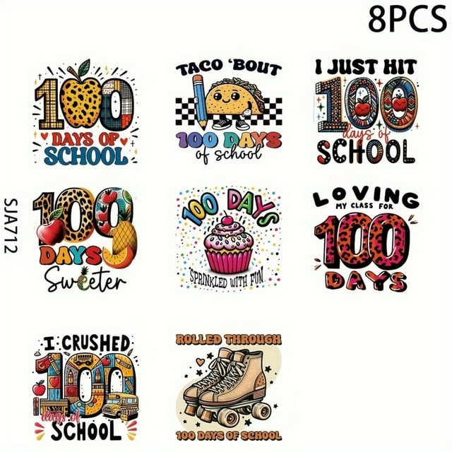 8pcs 100 Days of School UV DTF Cup Stickers, Waterproof Sticker Pack