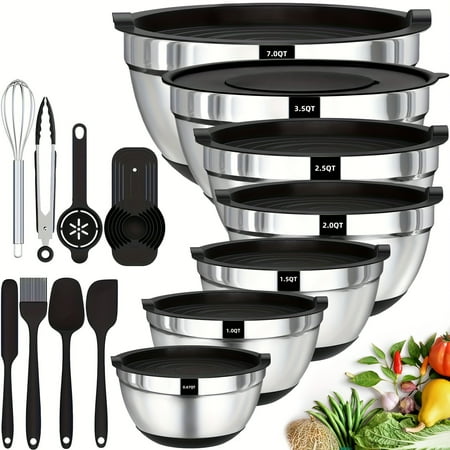 8pcs/15pcs Stainless Steel Mixing Bowl Set w/Lids, Spoons & Scraper - Heavy-Duty 304 Rustproof Scratch-Resistant, Stackable, Color-Coded - For Baking/Cooking/Prep, Ideal for Home/Pro Kitchens
