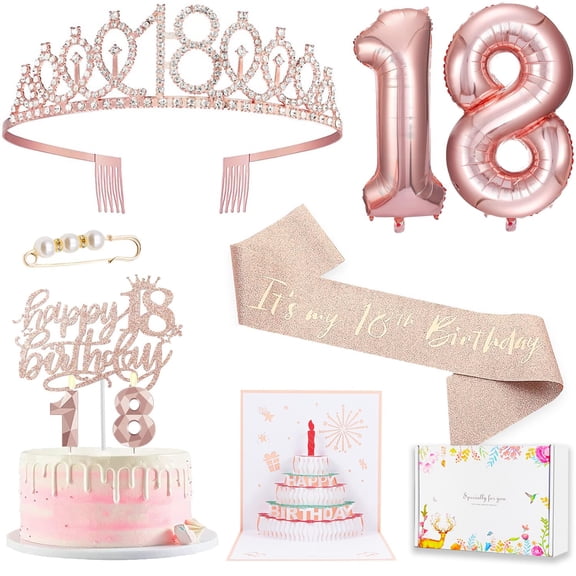 8pcs 18th birthday decorations for girls, KKS1Including 18th Birthday Cake Toppers, Birthday Queen Sash with Pearl Pin, Sweet Rhinestone Tiara Crown, Number Candles and Balloons Set, Rose Gold