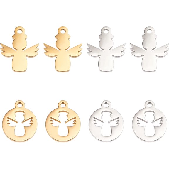 8pcs 2 Colors Flat Round with Angel Hypoallergenic Pendants 2 Styles Stainless Steel Charms 13~14mm