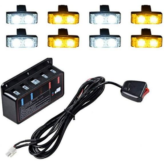 8pcs 2-LED 12V Car Truck Grille Dash Emergency Warning Hazard Strobe Light Bar Kit (4X Amber + 4X White)