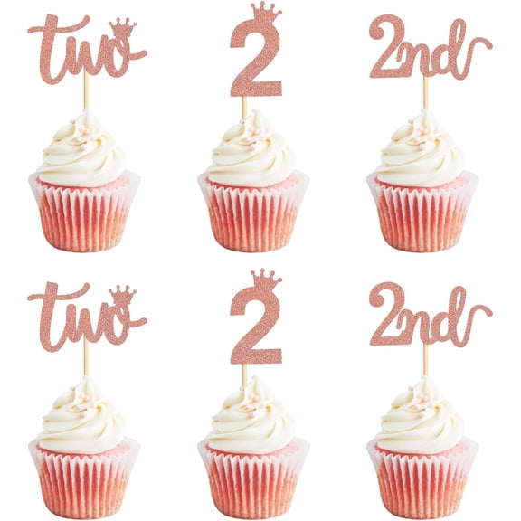 8pcs 2nd Crown Birthday Cupcake Toppers Two Birthday Two Cupcake Picks Baby Shower Theme Prince Crown Party Cake Decorations Supplies Rose Gold
