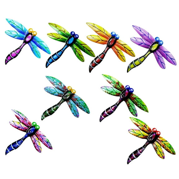 8pcs 3D Dragonfly Wall Decor Wrought Iron Sculptures Garden Home Window Decor