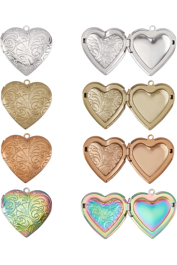 8pcs 4 Colors Heart Shape oto Frame Charms Stainless Steel oto Lockets Love Charms Dangle Pendants for Jewelry Making 2.1mm Hole 1box