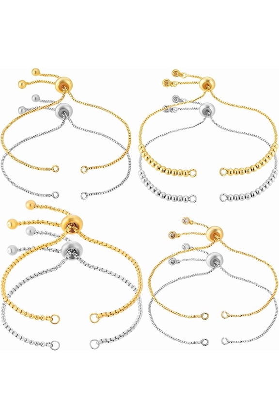 8pcs 4 Styles Adjustable Slider Bracelets Brass Semi Finished Bracelet Adjustable Bracelets Metal Chain Bracelets with Rhinestones Ends