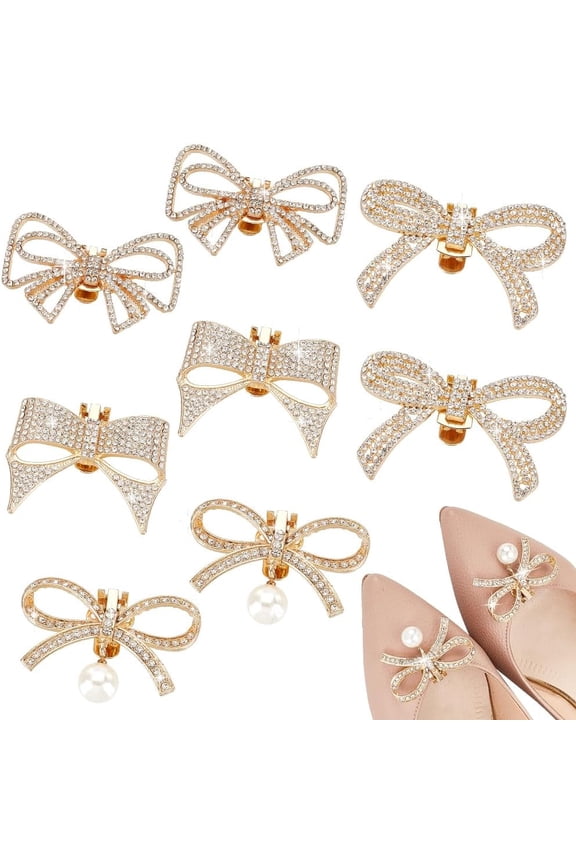 8pcs 4 Styles Bowknot Shoe Clips, Golden Metal Shoe Buckles Crystal Wedding Shoe Clips Removable Rhinestone Sparkling Shoe Clips for Women Dress Shoes Bridal Christmas Party Banquet
