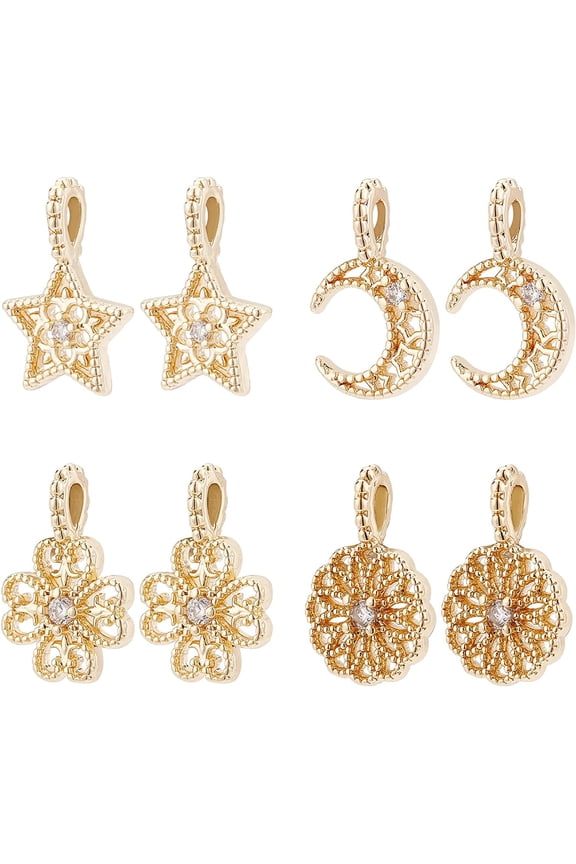 8pcs 4 style Brass Micro Pave Clear Cubic Zirconia Charms Mixed Shapes Real 14K golden Plated 15x9.5~10x2~4mm Hole: 1.5x3mm 2pcs/style