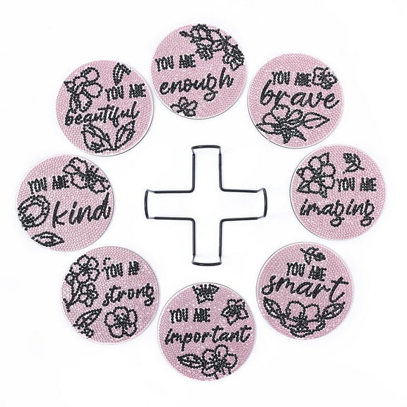 8pcs 5D Diamond Painting Coaster Kit DIY Diamond Art Coaster with Bracket Anti slip Coaster Most Suitable for Beginners, Children, and Adults Handmade Art Home Decoration(Pink short sentence)
