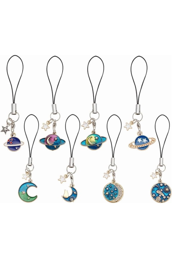 8pcs 8 style Cute Cartoon Moon/Star/Planet Alloy Enamel Mobile Straps Lanyards for Mobile Phone Strap Hang Rope Smart Phone Charm Mixed color 8.5~9.6cm 1pc/style