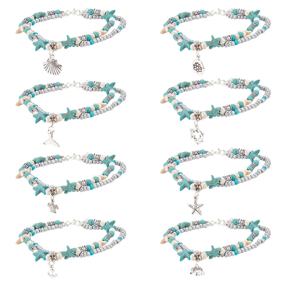 8pcs 8 style Turquoise Starfish Seed Resin Beaded Double Layer Multi-strand Anklets set Tortoise Shell Whale Tail Shape for Women Turquoise