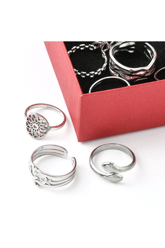 8pcs 8 style Whale Tail Wave Flower Vortex Snake Stainless Steel Open Cuff Ring set Adjustable Rings Stainless Steel color Inner Diameter 16.5~17.9mm