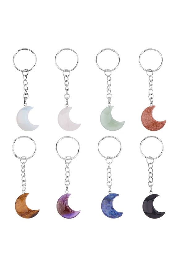 8pcs 8 styles Moon Gemstone Keychains with Iron Split Key Rings 8.7cm 1pc/style