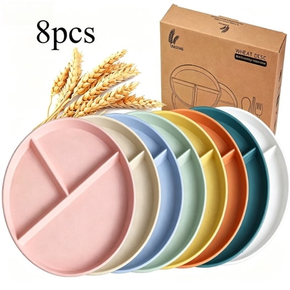 8pcs 9-Inch Multicolor Wheat Straw Divided Plates Unbreakable 3-Compartment for Portion Control, Microwave & Dishwasher Safe, Eco-Friendly