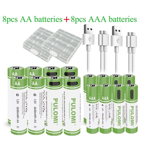 8pcs AA + 8pcs AAA Battery AA+AAA Rechargeable Batteries Set, USB High Capacity 1.5V 1733mAh 2600mWh + 500mAh 750mWh Rechargeable Battery, Cycle Times up to 1200x With Type-C Port Charging Cable