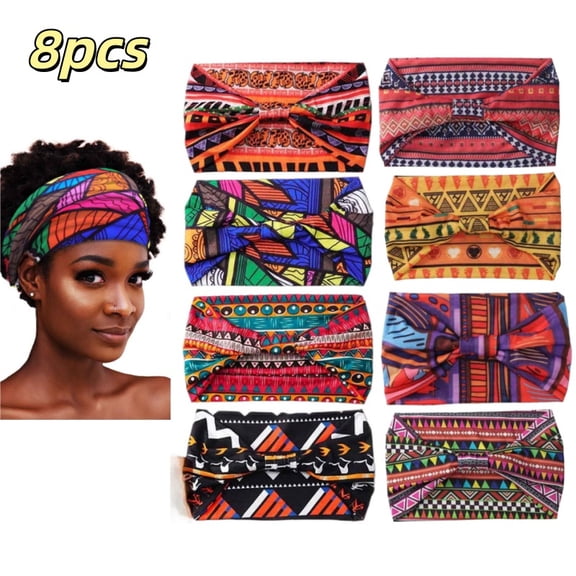 8pcs African Style Bohemian Knot Headband, Stretch Wide Band Headscarf, Elastic Yoga Sports Headscarf, Printed Women's Headwear