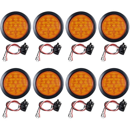 8pcs Amber 12-LED 4" Round Tail Turn Signal Light Grommet Wiring Plug Kit Truck Trailer RV UTE UTV