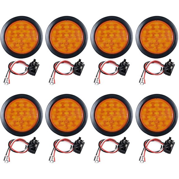 8pcs Amber 12-LED 4" Round Tail Turn Signal Light Grommet Wiring Plug Kit Truck Trailer RV UTE UTV