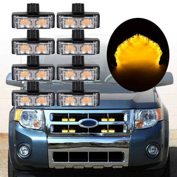 8pcs Amber 2-LED 12V Car Truck Grille Dash Emergency Warning Hazard Strobe Light Bar Kit