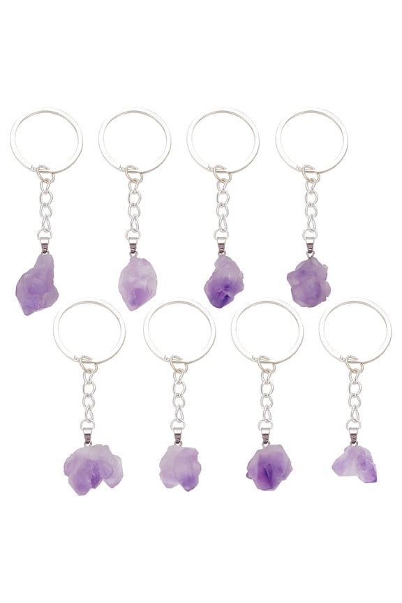 8pcs Amethyst Keychain Pendants Natural Gemstone Keychains Quartz Keyrings Irregular Rough Gemstone Keyrings for Women Men Gifts Car Key Bag