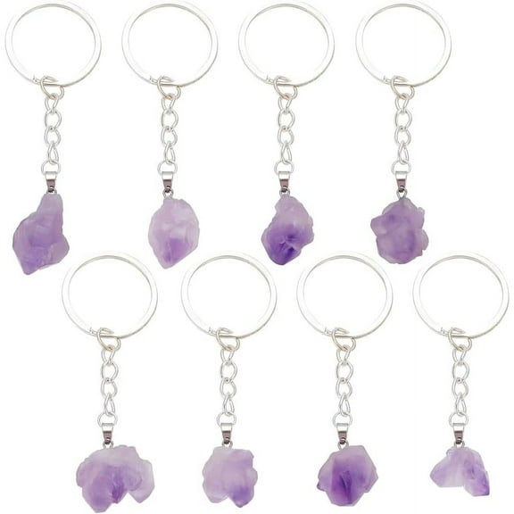 8pcs Amethyst Keychain Pendants Natural Gemstone Keychains Quartz Keyrings Irregular Rough Gemstone Keyrings