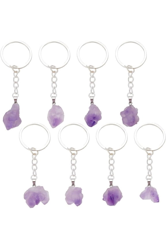 8pcs Amethyst Keychain Pendants Natural Gemstone Keychains Quartz Keyrings Irregular Rough Gemstone Keyrings