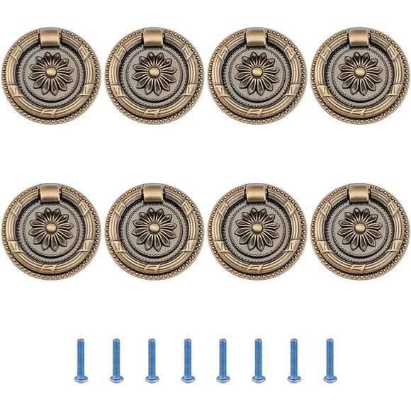 8pcs Antique Bronze Ring Pulls Vintage Bronze Drawer Ring Pulls Round Drawer Pull Rings Single Hole Drop Knob with Screws for Cabinet Dresser Closet Wardrobe Bedroom Furniture Decoration