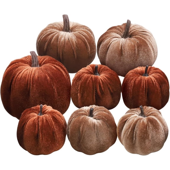 8pcs Artificial Pumpkins Halloween Decorations Velvet Fake Fabric Pumpkin Assorted Sizes Brown Fall Harvest Table Decor Farmhouse Decorations for Home