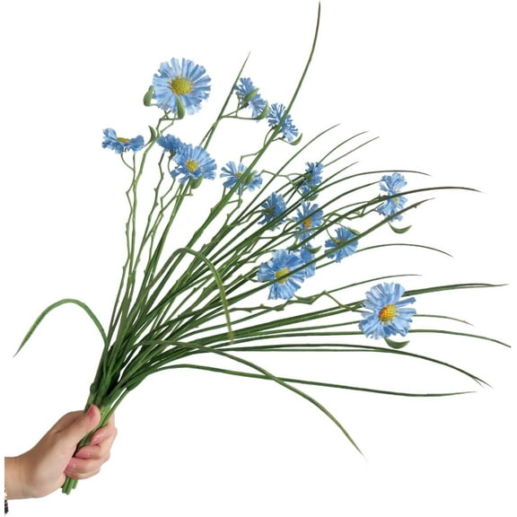 8pcs Artificial Silk Daisy Plastic Flower Bouquet Realistic Stems DIY Greenery Shrubs Plants for Home Kitchen Garden Wedding Party Decor (Blue),Blue