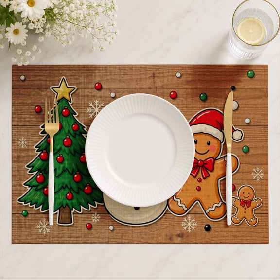 8pcs AshasdS Christmas Placemats Set, Linen Table Mats with Snowman Tree Gingerbread Design, Holiday Dining Table Decor for Kitchen Dinner Party 12"x18"