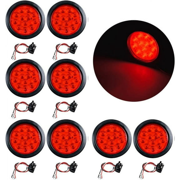 8pcs Astra Depot Red 4 inch Round 12 LED Trailer Tail Lights Kit Stop Brake Lamp w/ Rubber Grommet & Plug 12V