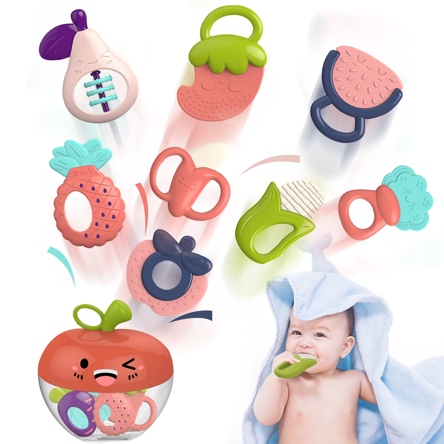 8pcs Baby Rattles Toys Set, Infant Grab N Shake Rattle, Sensory Teether