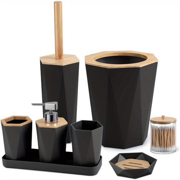 8pcs Bamboo Bathroom Accessory Sets - Includes Toothbrush Holder, Cup, Soap Dispenser, Dish, Swab Box, Lotion Bottle, Toilet Brush, and Trash Can, Bathroom Supplies, Ideal Housewarming Gift,