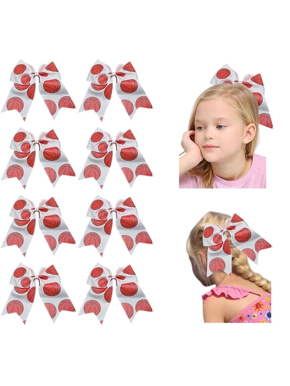 8pcs Basketball Cheer Bows for Girls JoyBowie 8inch Glitter Grosgrain Ribbon Hair Bows with Elastic Ponytail Holder for Sports Game Day