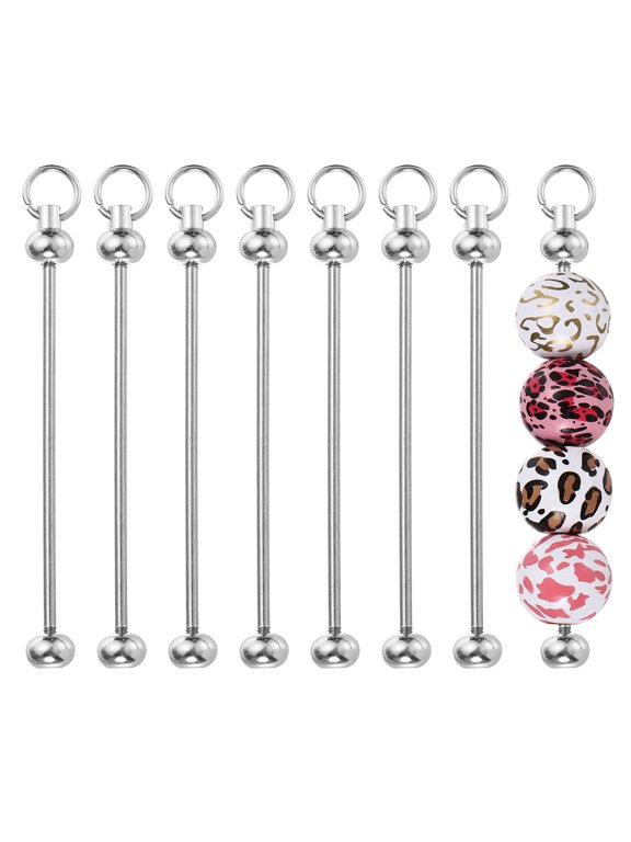 8pcs Beadable Keychain Bar, Beadable Keychains Blanks Beaded Keychain Bar Bulk Key Chain Rod Making Charm for Beads Jewelry Making DIY Focal Bead Crafts Backpack, Silver