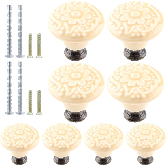 8pcs Beige Ceramic Knobs, Vintage Kitchen Cabinet Pulls, Retro Ceramic Dresser Knobs, Decorative Drawer Pull Handles for Closet, Cupboard, Furniture Door Knob