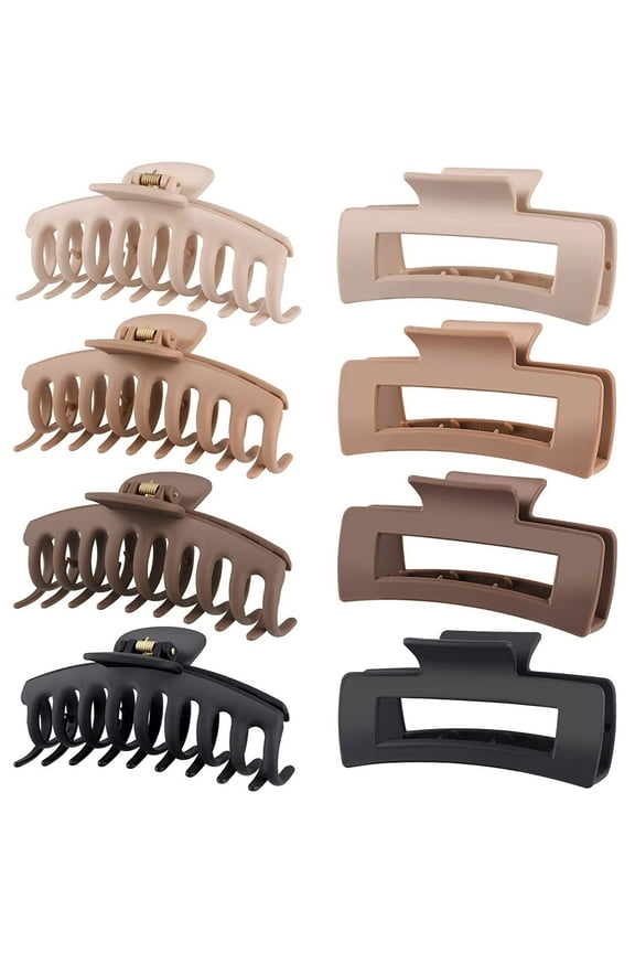 8pcs Big Hair Claw Clips Neutral Colors Hair Clips For Women Thick Hair Nonslip Jumbo Claws Clip Long Jaw Clips Banana Square Hair Claws Strong Hold Hair Styling Accessories (4.3Inch)