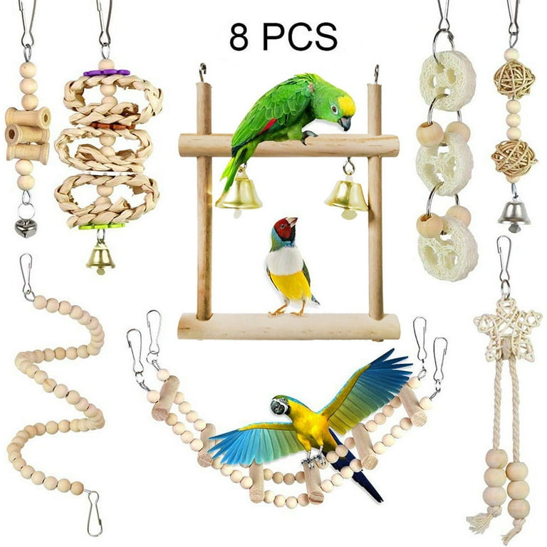 8pcs Bird Parrot Swing Toy Wooden Bell Bird Cage Chew Toys Pet
