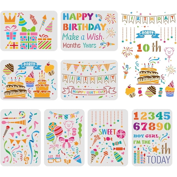8pcs Bithday Party Drawing Painting Stencils Templates (11.6x8.3inch) Bithday Theme Templates Decoration Happy Bithday Drawing Stencil for Painting on Wood Wall and Fabric White
