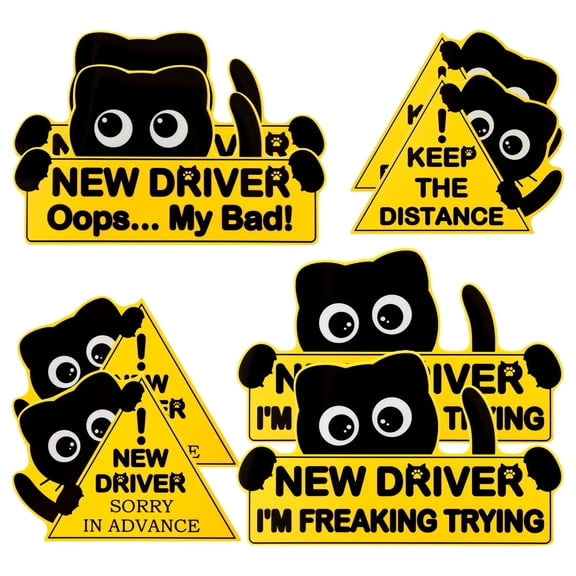 8pcs Black Cat New Car Driving Magnet Magnetic Learner Driver Sign for Car New Driver Caution Magnet Reflective Multipurpose PVC (Yellow+Black)