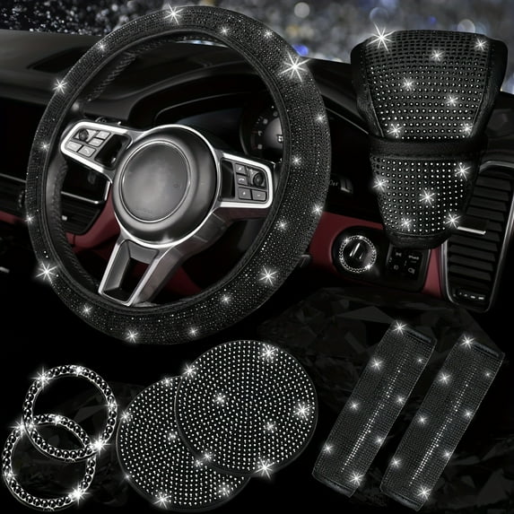 8pcs Bling Car Accessories for Women, Bling Steering Wheel Cover Bling Car Coasters Bling Set Seat Belt Shoulder Pads Ring Emblem Sticker Gear Shift Cover