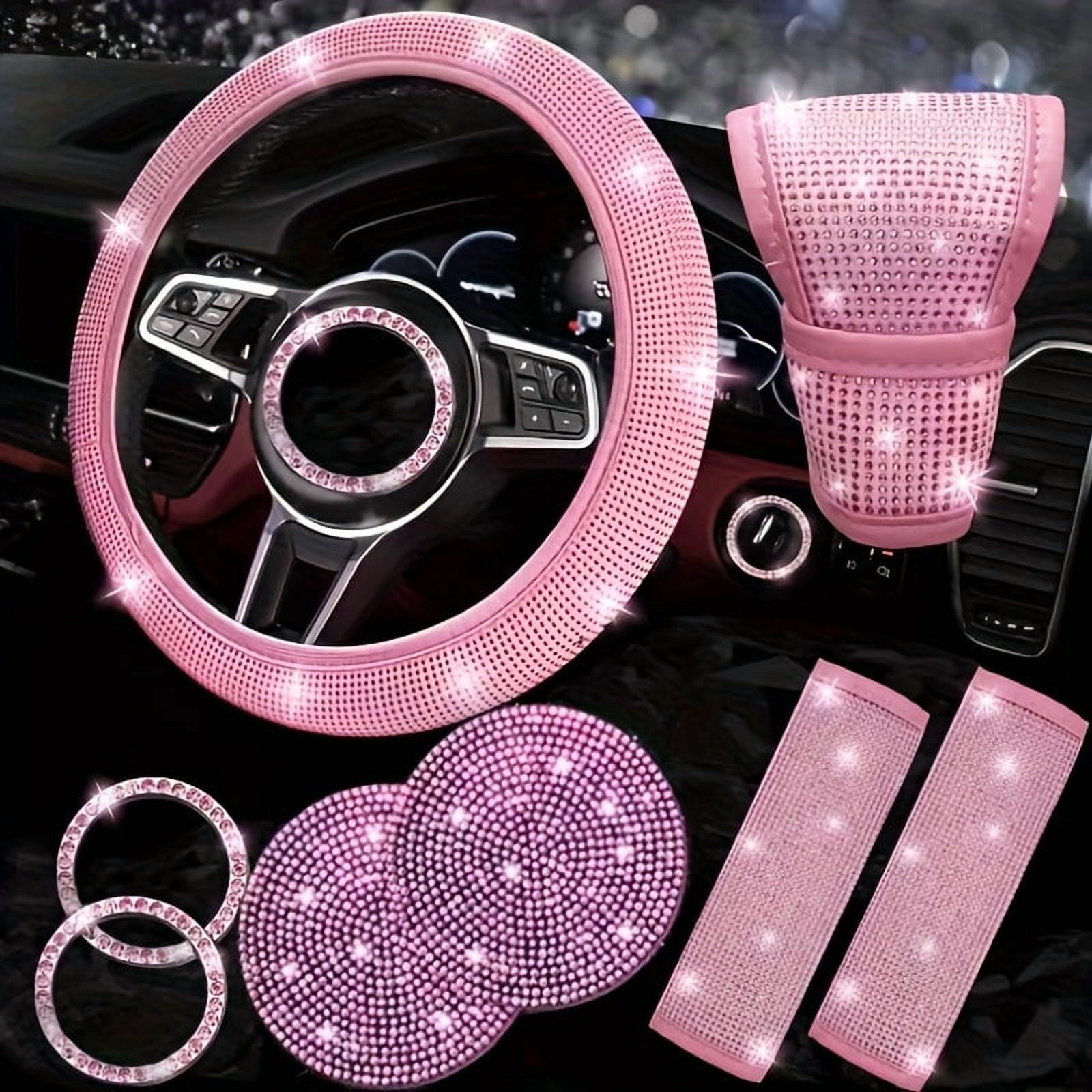 8pcs Bling Car Accessories for Women, Bling Steering Wheel Cover Bling Car Coasters Bling Set Seat Belt Shoulder Pads Ring Emblem Sticker Gear Shift Cover