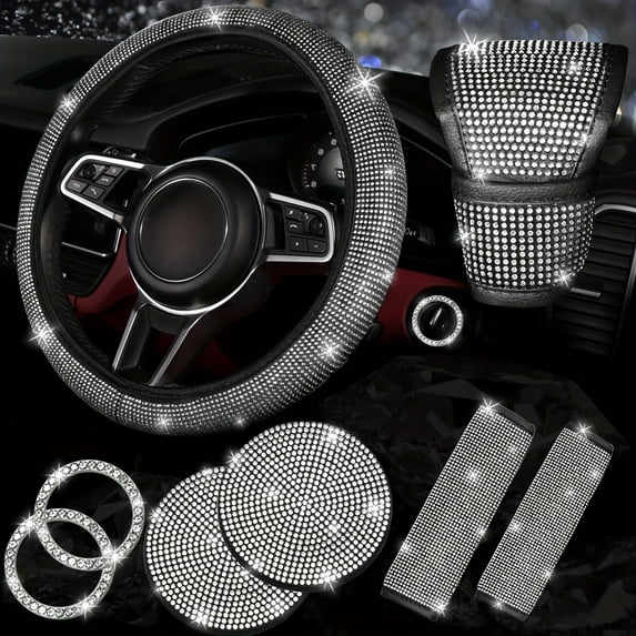 8pcs Bling Car Accessories for Women, Bling Steering Wheel Cover Bling Car Coasters Bling Set Seat Belt Shoulder Pads Ring Emblem Sticker Gear Shift Cover