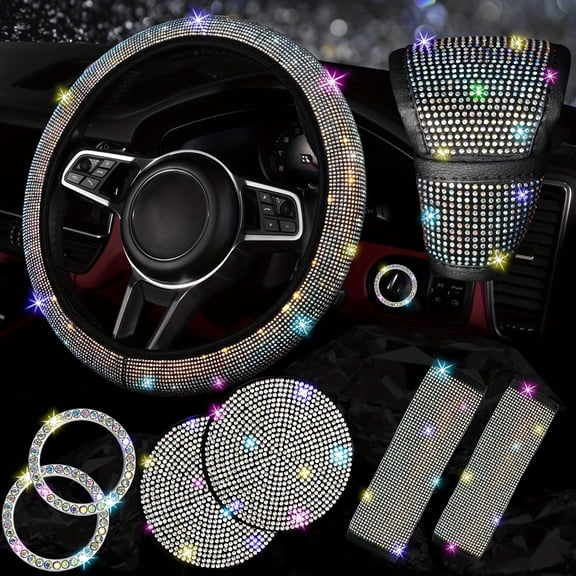 8pcs Bling Car Accessories for Women, Bling Steering Wheel Cover Bling Car Coasters Bling Set Seat Belt Shoulder Pads Ring Emblem Sticker Gear Shift Cover