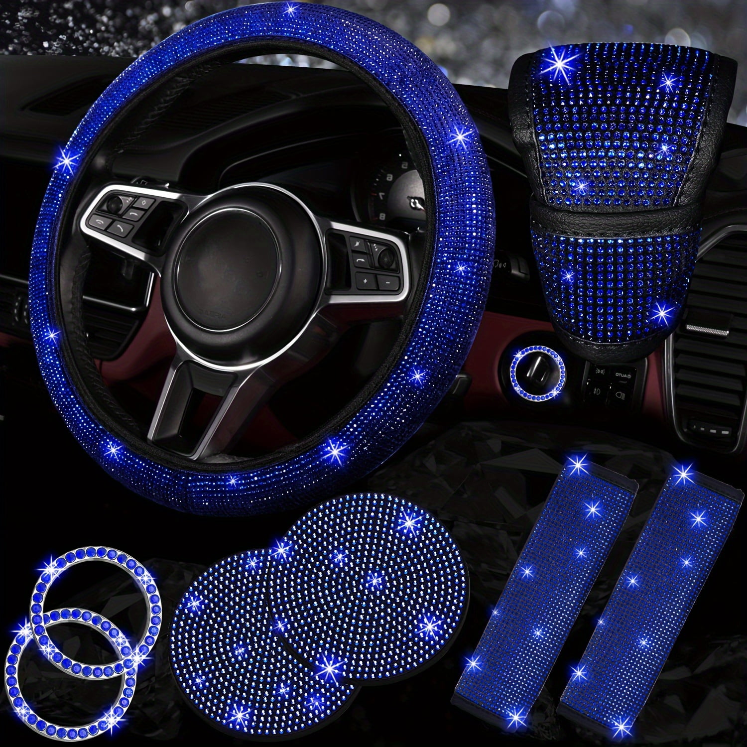 8pcs Bling Car Accessories for Women, Bling Steering Wheel Cover Bling Car Coasters Bling Set Seat Belt Shoulder Pads Ring Emblem Sticker Gear Shift Cover