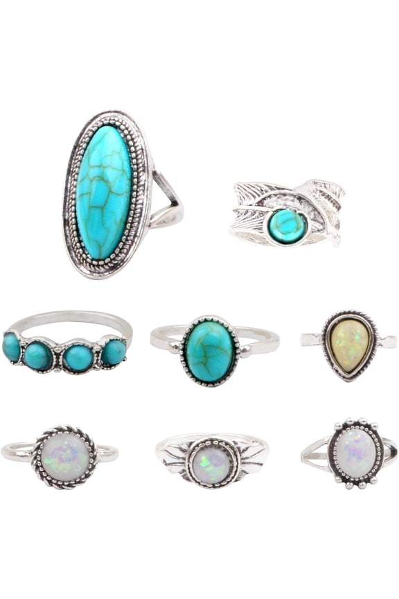 8pcs Bohemian Joint Stackable Knuckle Rings Set Vintage Oval Turquoise Finger Ring Opal Gem Teardrop Feather Midi Ring Punk Leaf Rings Bulk for Women Party Daily Jewelry Gifts