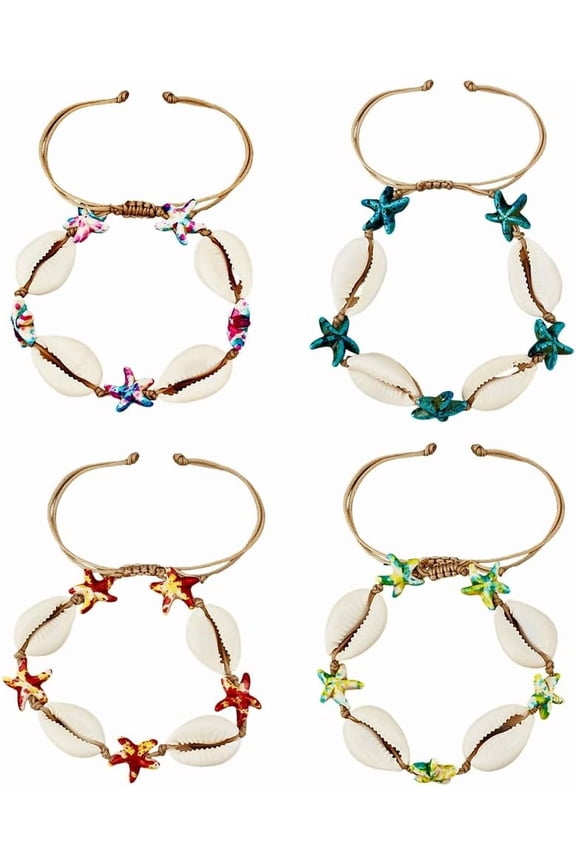 8pcs Boho Shell Bracelets 4 Color Adjustable Natural Cowrie Starfish Bracelet Ocean Beach Ankle Bracelet Hawaiian Summer Jewelries for Women Vacation